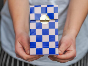 Jemand hält eine selbstgebastelte Geschenktüte aus Geschenkpapier von STEWO in die Kamera. Foto: Johanna Rundel