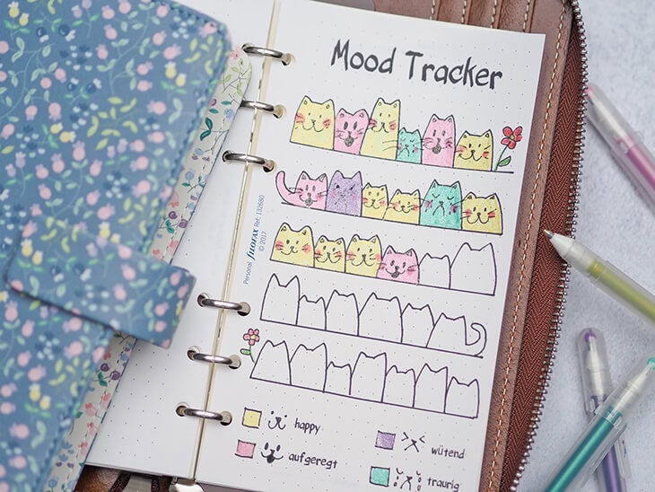 Mood Tracker mit Katzenmotiv in einem Organizer von Filofax. Foto: Johanna Rundel