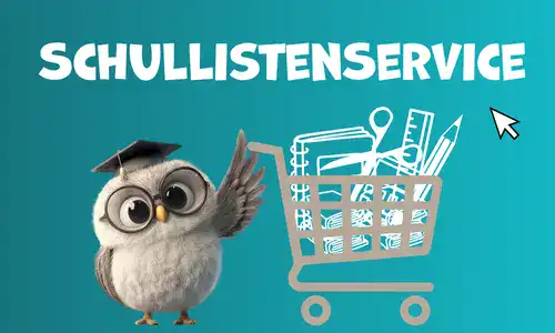 Grafik mit Eule und Einkaufswagen und dem Text „Schullistenservice“