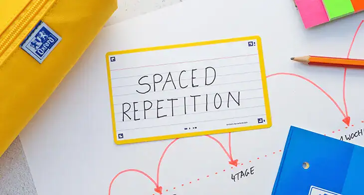 Auf einer Karteikarte von Oxford steht „Spaced Repetition“. Foto: Johanna Rundel